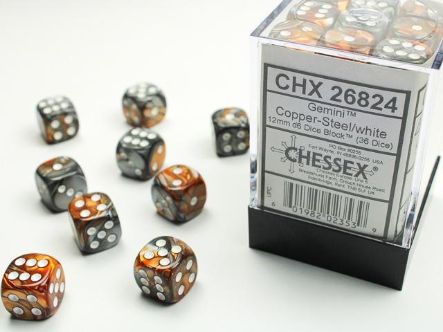 Gemini 12mm d6 Copper-Steel w/white Dice Block (36 dice)