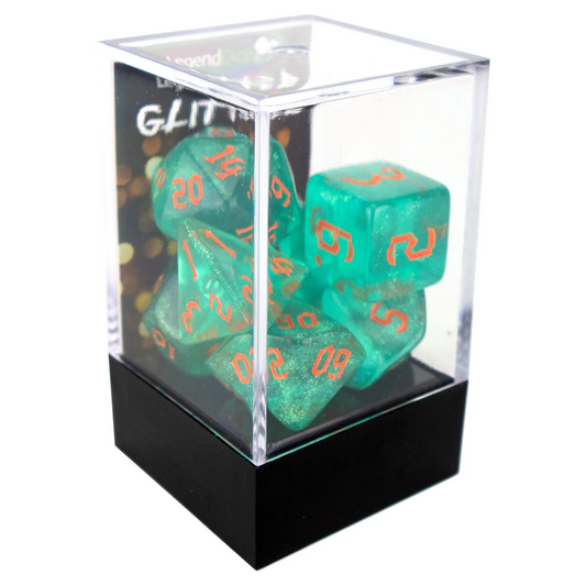 Poly Dice Set - Glitter - Teal Chaos Orange Font, Boxed