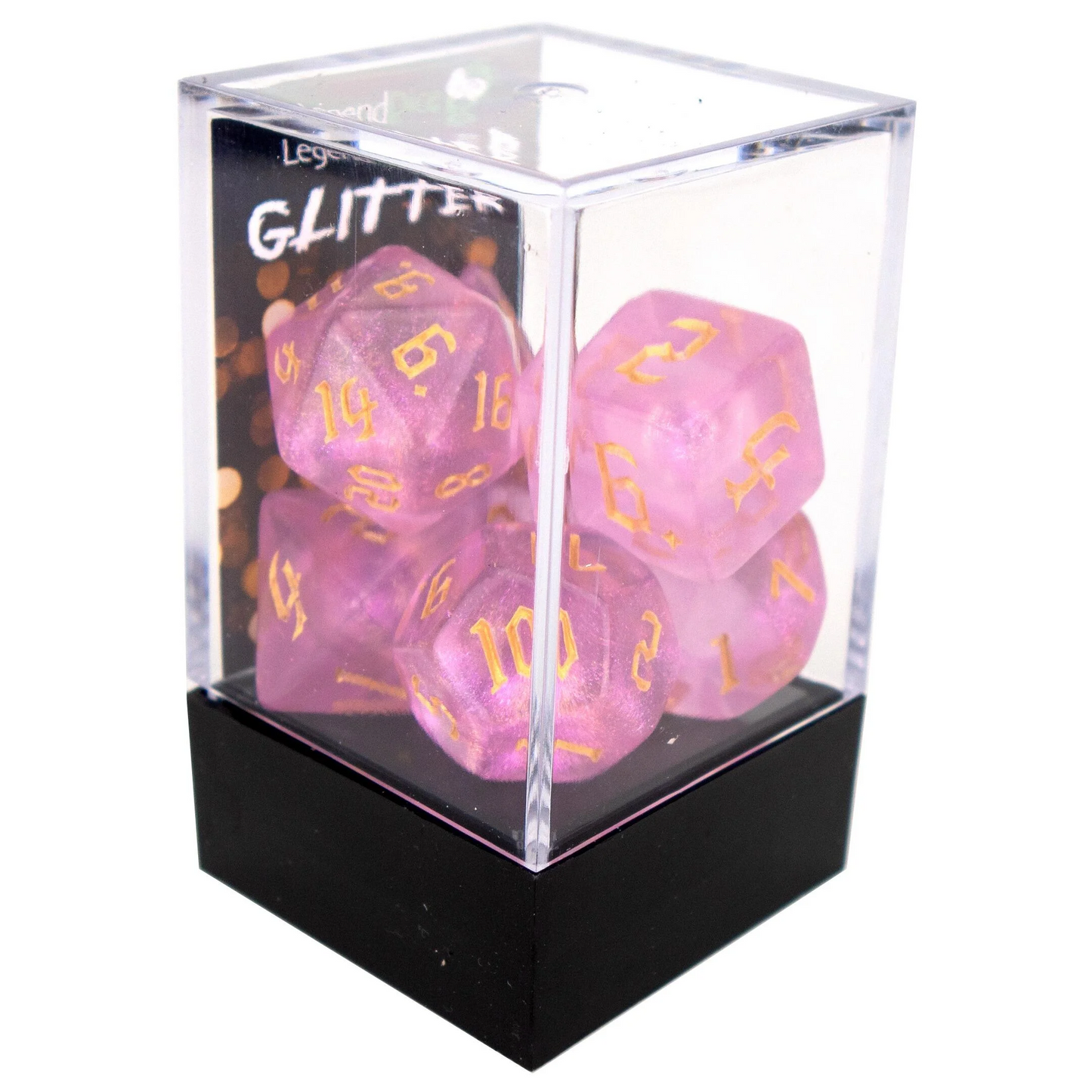 Poly Dice Set - Glitter - Pink Chaos Gold Font, Boxed