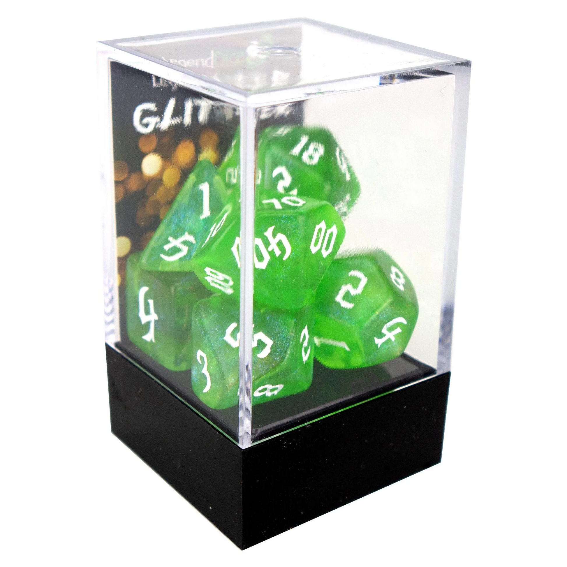 Poly Dice Set - Glitter - Green (Blue) Chaos White Font, Boxed