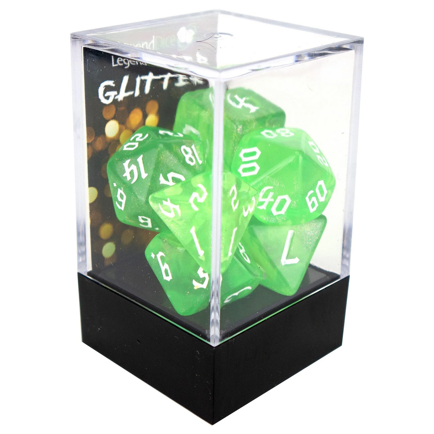 Poly Dice Set - Glitter - Green (Pink) Chaos White Font, Boxed