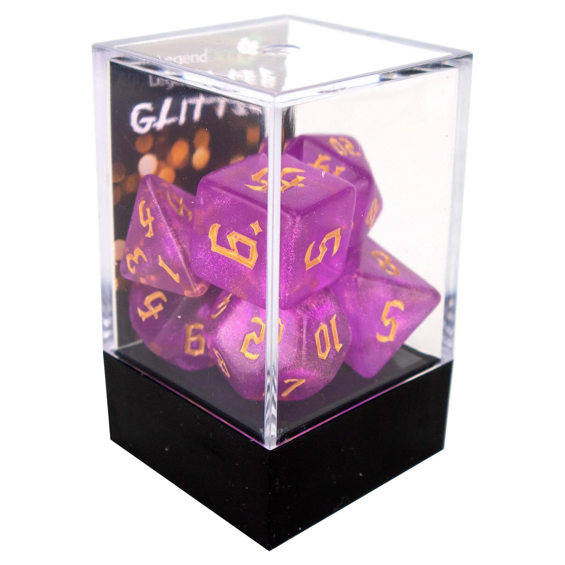 Poly Dice Set - Glitter - Magenta Chaos Gold Font, Boxed