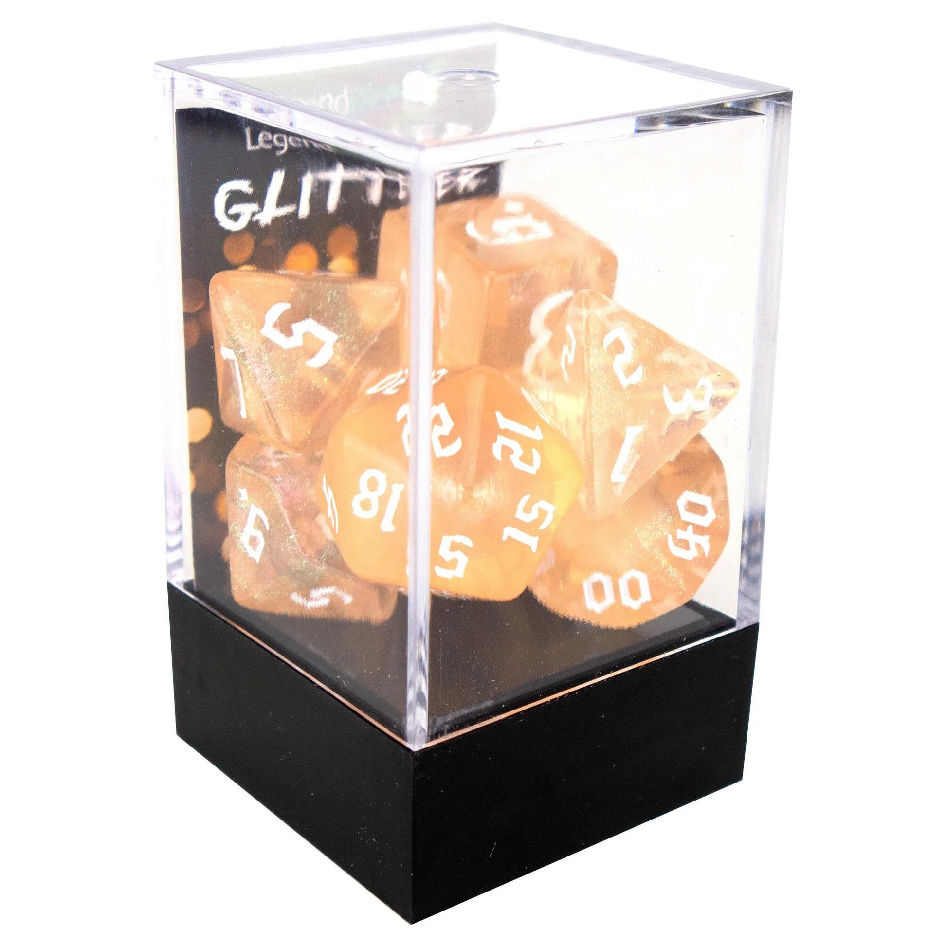 Poly Dice Set - Glitter - Orange Chaos White Font, Boxed