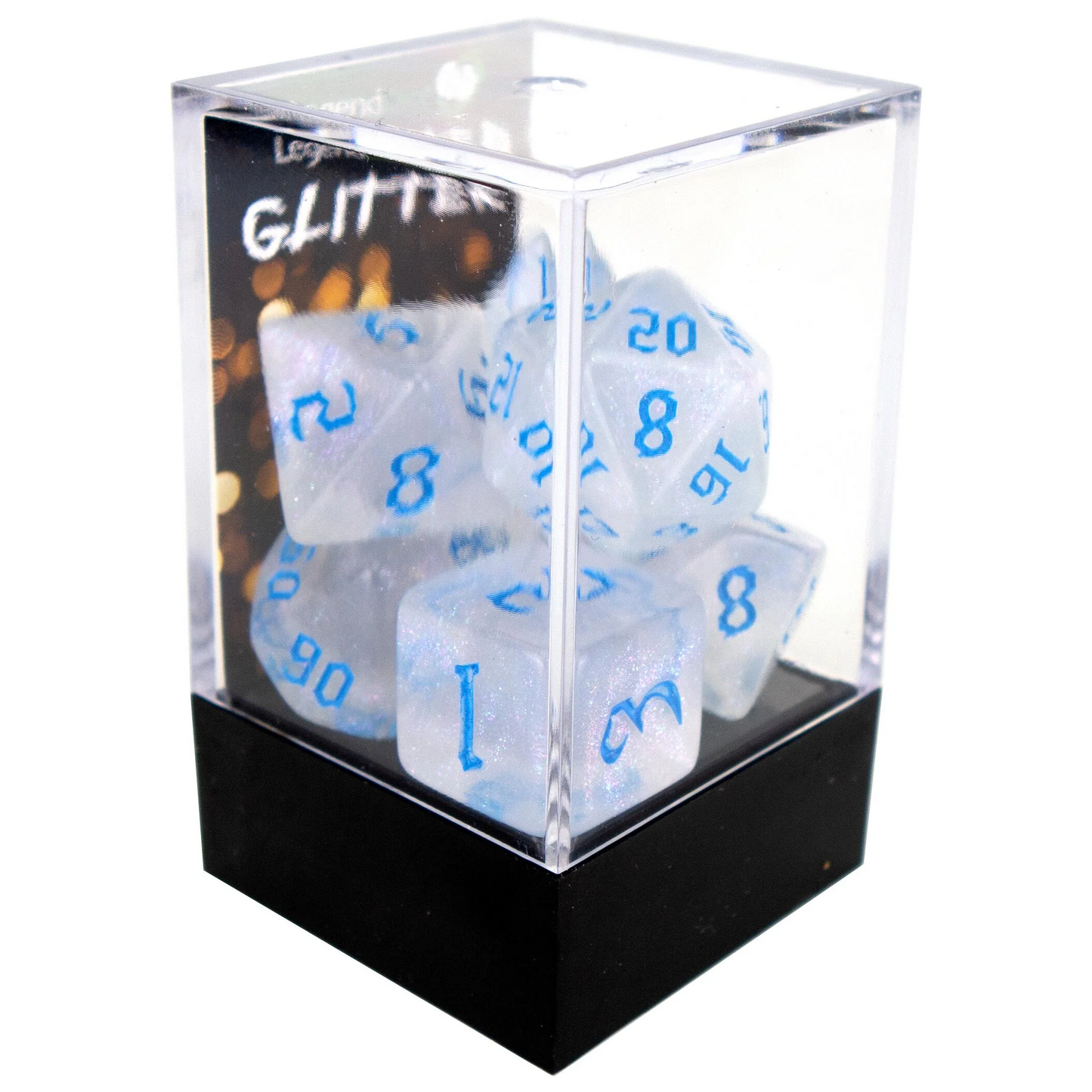 Poly Dice Set - Glitter - Shimmer with Chaos Blue Font, Boxed