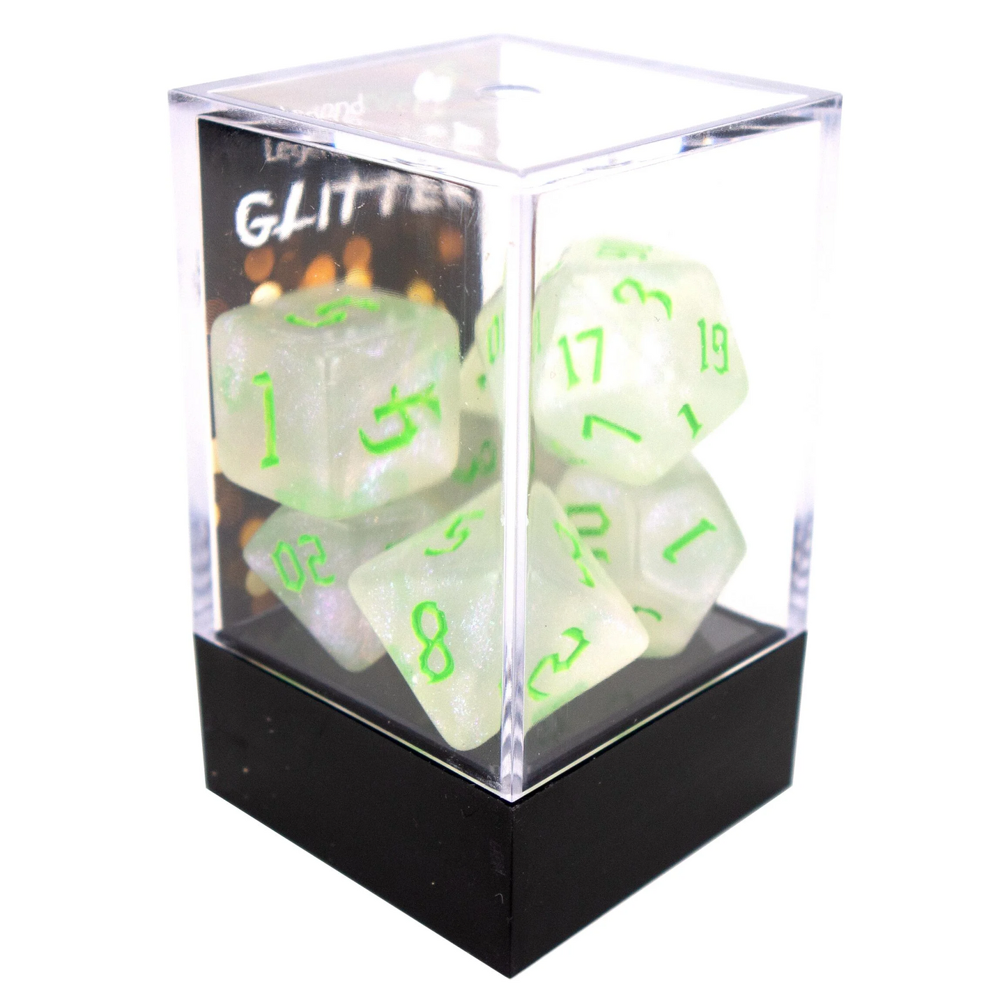 Poly Dice Set - Glitter - Shimmer with Chaos Green Font, Boxed