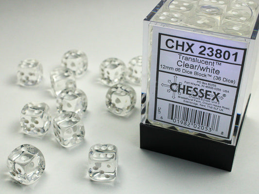 Translucent 12mm d6 Clear/white Dice Block (36 Dice)