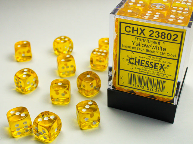 Translucent 12mm d6 Yellow/white Dice Block (36 Dice)