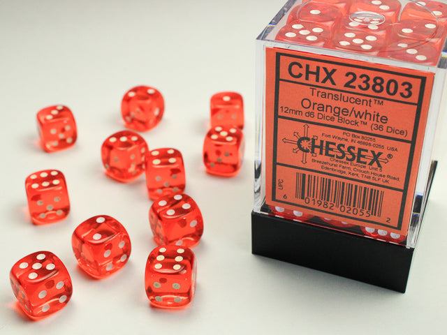 Translucent 12mm d6 Orange/white Dice Block (36 Dice)