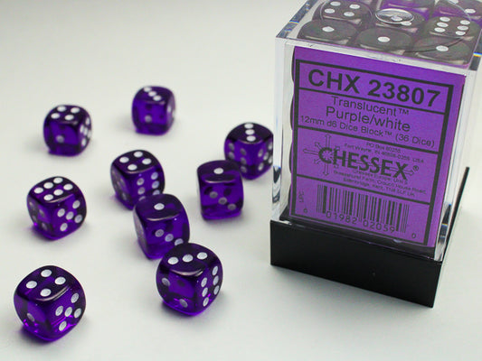 Translucent 12mm d6 Purple/white Dice Block (36 Dice)