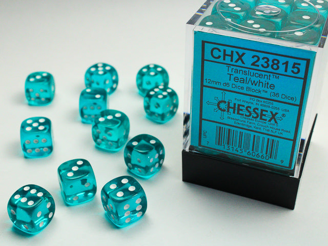 Translucent 12mm d6 Teal/white Dice Block (36 Dice)