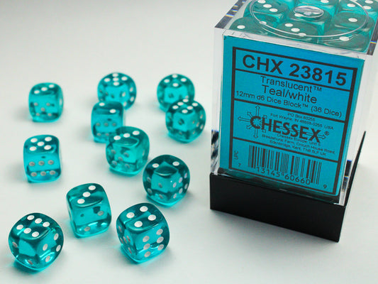 Translucent 12mm d6 Teal/white Dice Block (36 Dice)