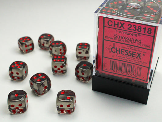 Translucent 12mm d6 Smoke/red Dice Block (36 Dice)