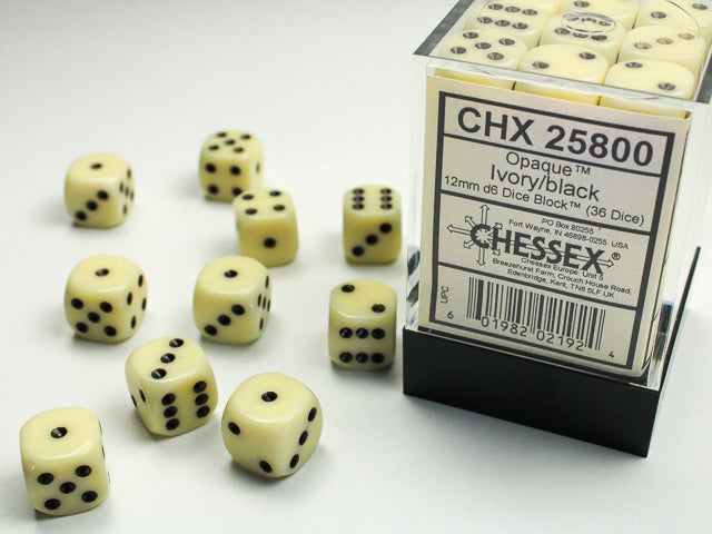 Opaque 12mm d6 Ivory/black Dice Block (36 Dice)