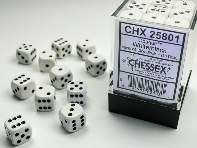 Opaque 12mm d6 White/black Dice Block (36 Dice)