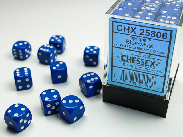 Opaque 12mm d6 Blue/white Dice Block (36 Dice)