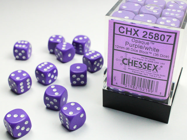 Opaque 12mm d6 Purple/white Dice Block (36 Dice)