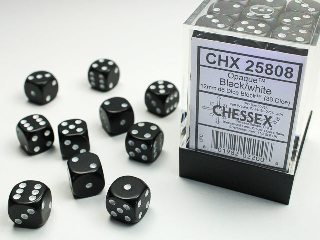 Opaque 12mm d6 Black/white Dice Block (36 Dice)