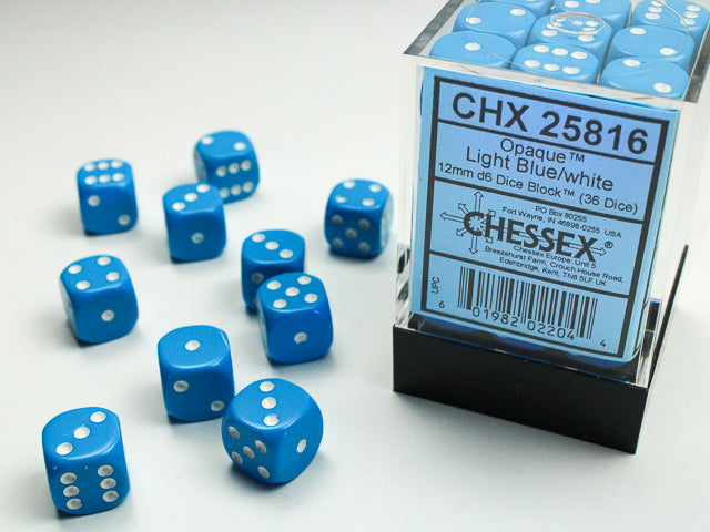 Opaque 12mm d6 Light Blue/white Dice Block (36 Dice)