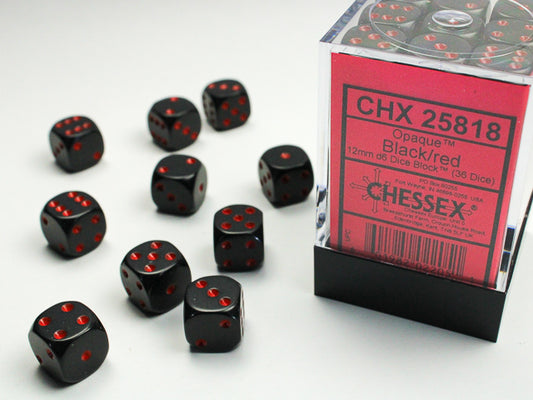 Opaque 12mm d6 Black/red Dice Block (36 Dice)