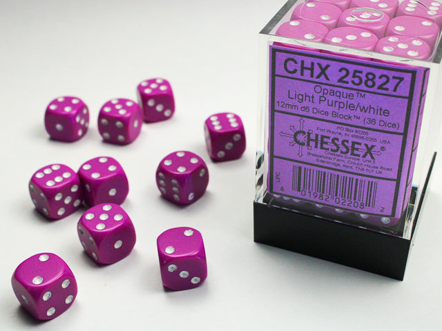 Opaque 12mm d6 Light Purple/white Dice Block (36 Dice)