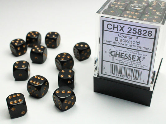 Opaque 12mm d6 Black/gold Dice Block (36 Dice)