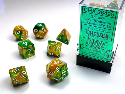 Gemini Polyhedral Gold-Green w/white 7-Die Set