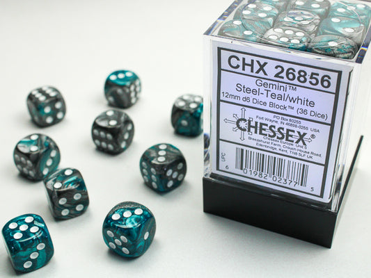 Gemini 12mm d6 Steel-Teal w/white Dice Block (36 dice)