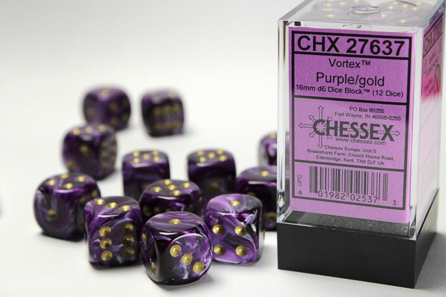 Vortex Dice 16mm d6 Purple/gold Dice Block (12 Dice)