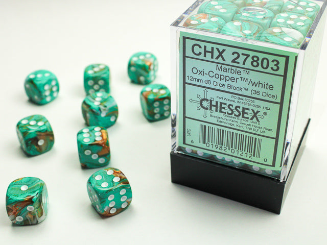 Marble 12mm d6 Oxi-Copper/white Dice Block (36 Dice)