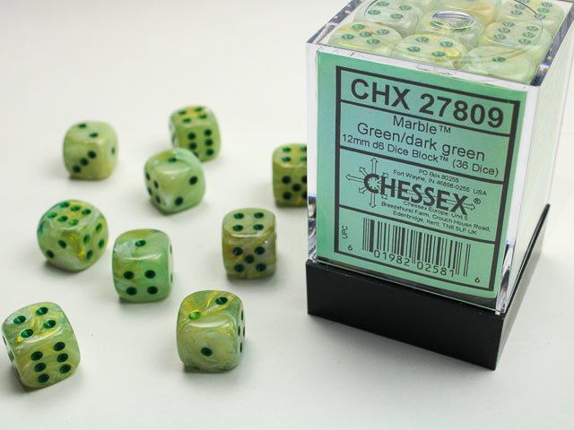 Marble 12mm d6 Green/dark green Dice Block (36 Dice)