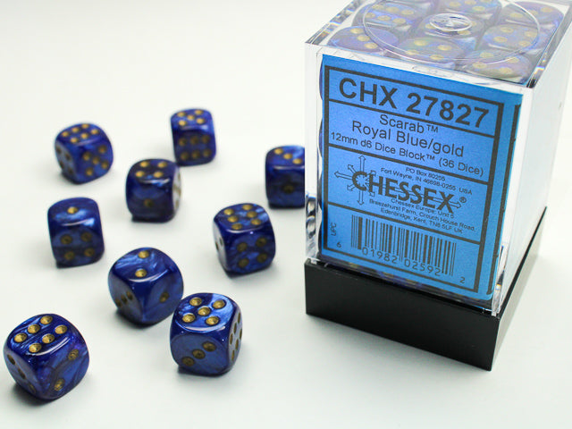 Scarab 12mm d6 Royal Blue/gold Dice Block (36 Dice)