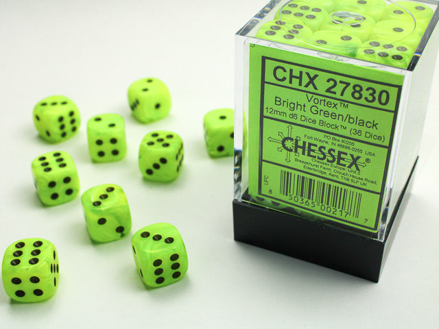 Vortex 12mm d6 Bright Green/black Dice Block (36 Dice)