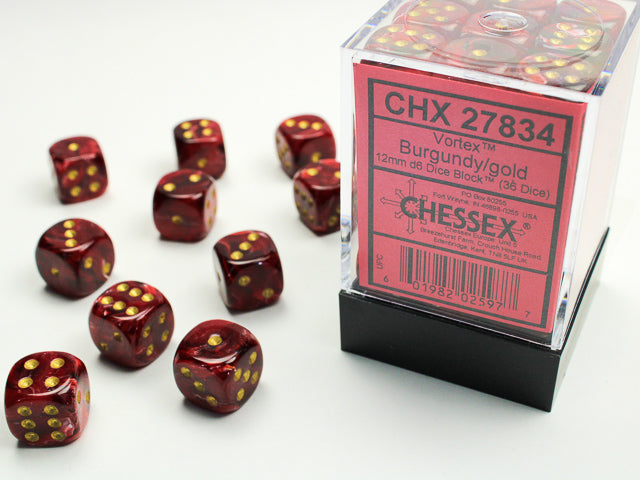 Vortex Dice 12mm d6 Burgundy/gold Dice Block (36 Dice)