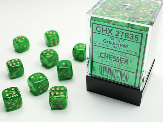 Vortex Dice 12mm d6 Green/gold Dice Block (36 Dice)