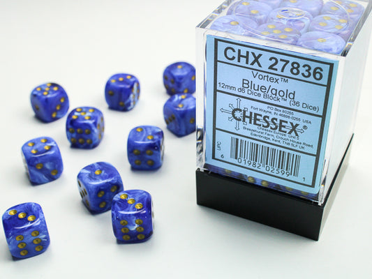 Vortex Dice 12mm d6 Blue/gold Dice Block (36 Dice)