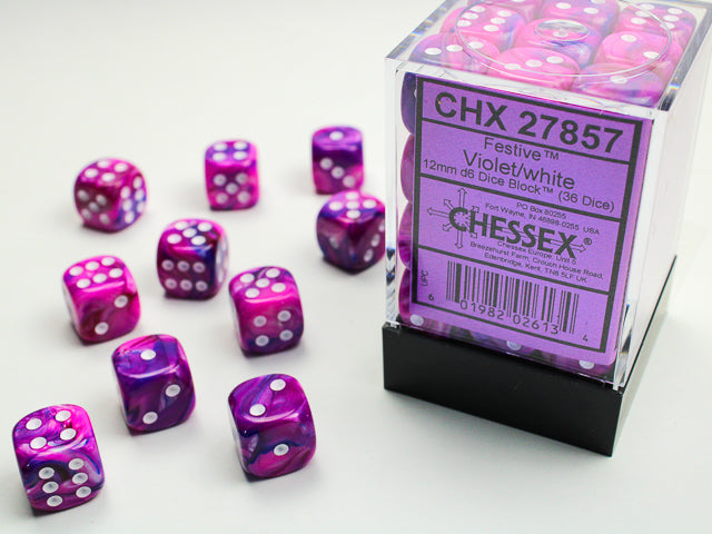 Festive 12mm d6 Violet/white Dice Block (36 Dice)