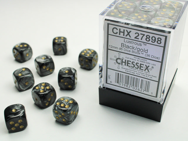 Lustrous 12mm d6 Black/gold Dice Block (36 dice)