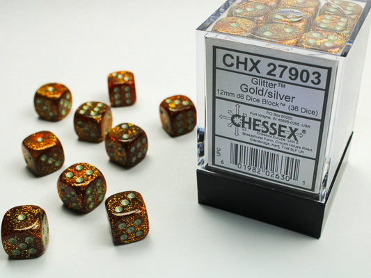 Glitter 12mm d6 Gold/silver Dice Block (36 Dice)