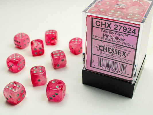 Ghostly Glow 12mm d6 Pink/silver Dice Block (36 Dice)