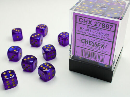 Borealis 12mm d6 Royal Purple/gold Dice Block (36 Dice)