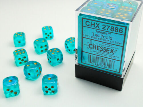 Borealis 12mm d6 Teal/gold Dice Block (36 Dice)